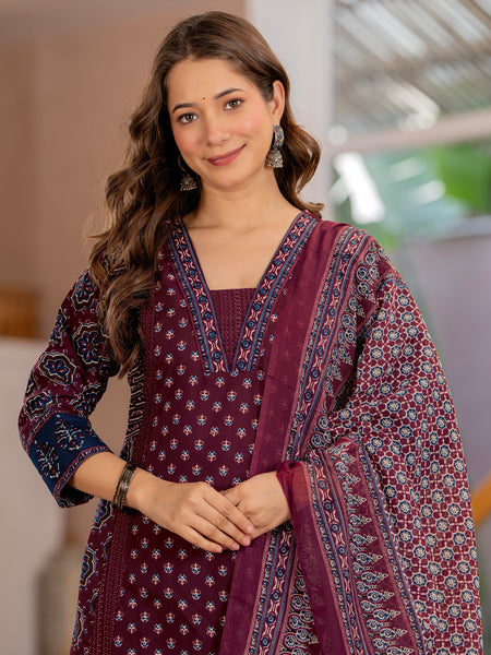 Burgundy A-Line Kurta Suit Set with Palazzo & Dupatta