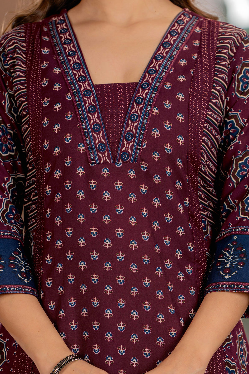 Burgundy A-Line Kurta Suit Set with Palazzo & Dupatta