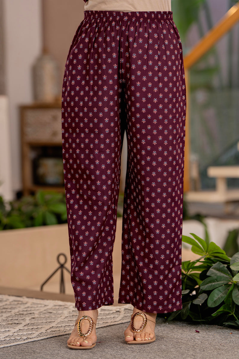 Burgundy A-Line Kurta Suit Set with Palazzo & Dupatta