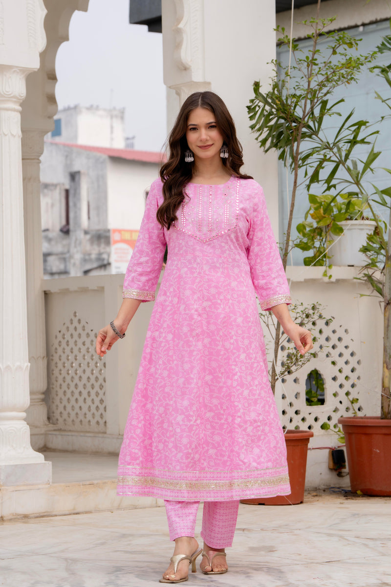 4 Premium Color Floral Printed Flared Mirror Work Kurta Set