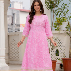 4 Premium Color Floral Printed Flared Mirror Work Kurta Set