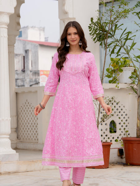 4 Premium Color Floral Printed Flared Mirror Work Kurta Set