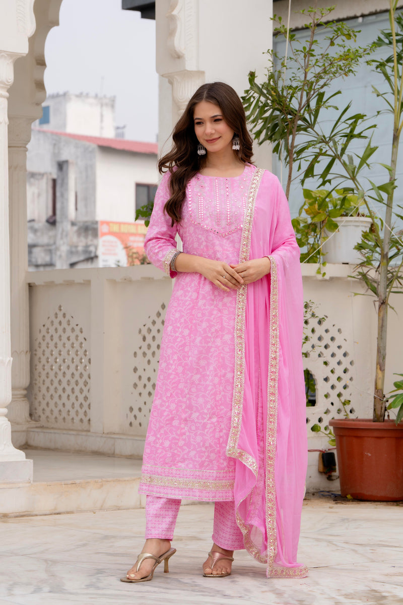 4 Premium Color Floral Printed Flared Mirror Work Kurta Set