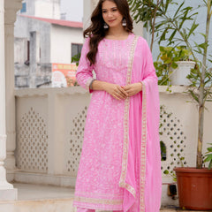 4 Premium Color Floral Printed Flared Mirror Work Kurta Set