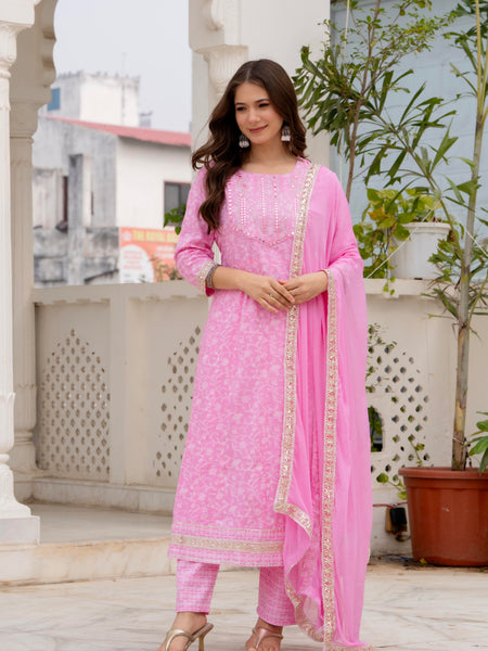 4 Premium Color Floral Printed Flared Mirror Work Kurta Set