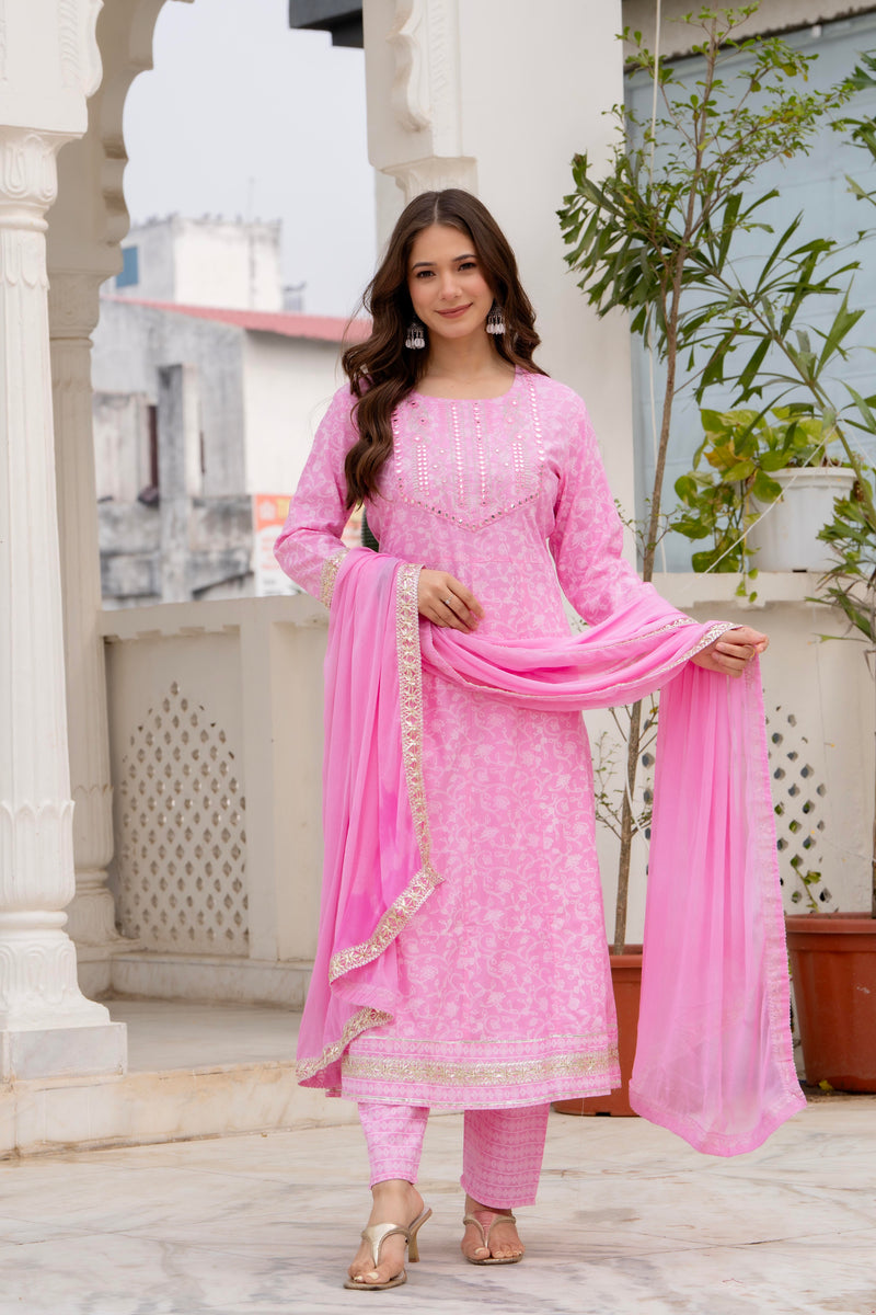 4 Premium Color Floral Printed Flared Mirror Work Kurta Set