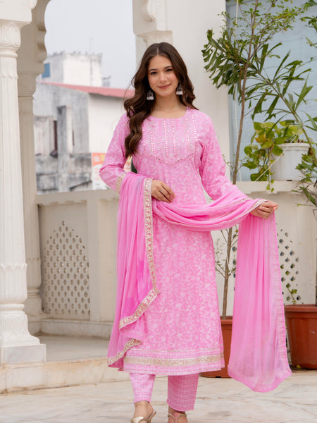 4 Premium Color Floral Printed Flared Mirror Work Kurta Set