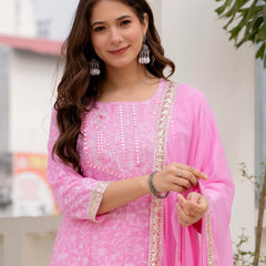 4 Premium Color Floral Printed Flared Mirror Work Kurta Set