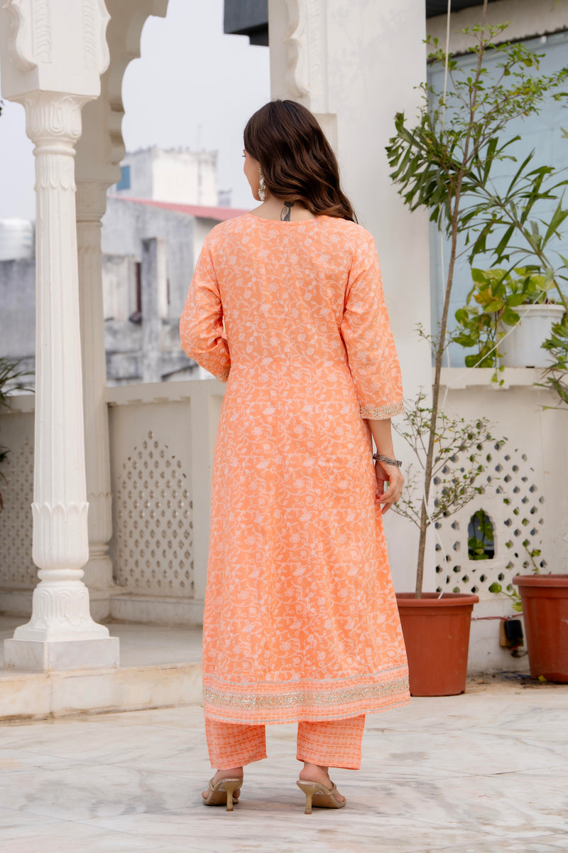 4 Premium Color Floral Printed Flared Mirror Work Kurta Set