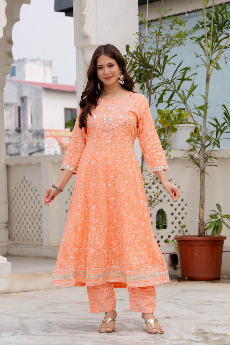 4 Premium Color Floral Printed Flared Mirror Work Kurta Set