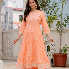 4 Premium Color Floral Printed Flared Mirror Work Kurta Set