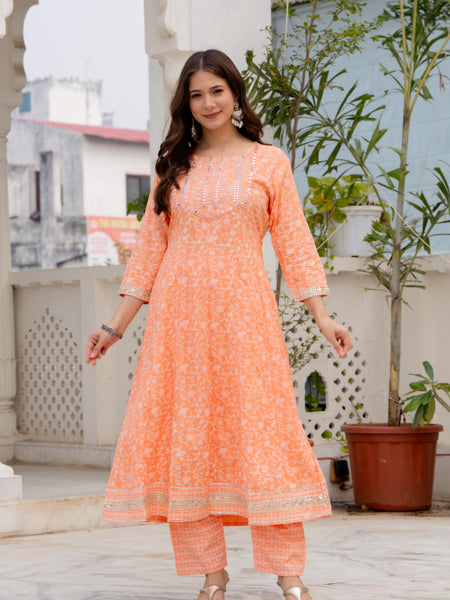 4 Premium Color Floral Printed Flared Mirror Work Kurta Set