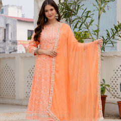 4 Premium Color Floral Printed Flared Mirror Work Kurta Set