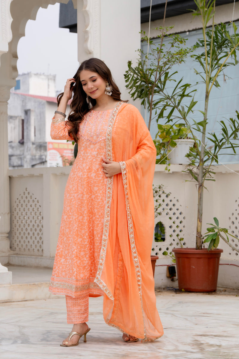 4 Premium Color Floral Printed Flared Mirror Work Kurta Set