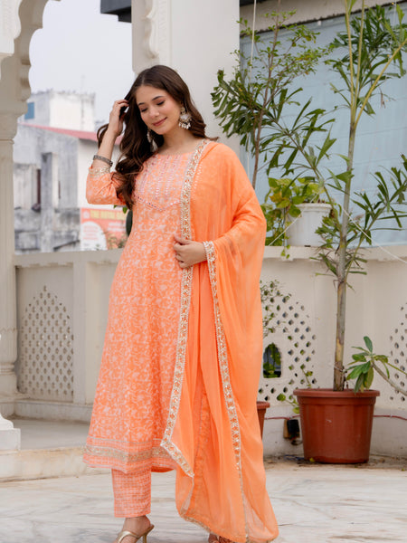 4 Premium Color Floral Printed Flared Mirror Work Kurta Set