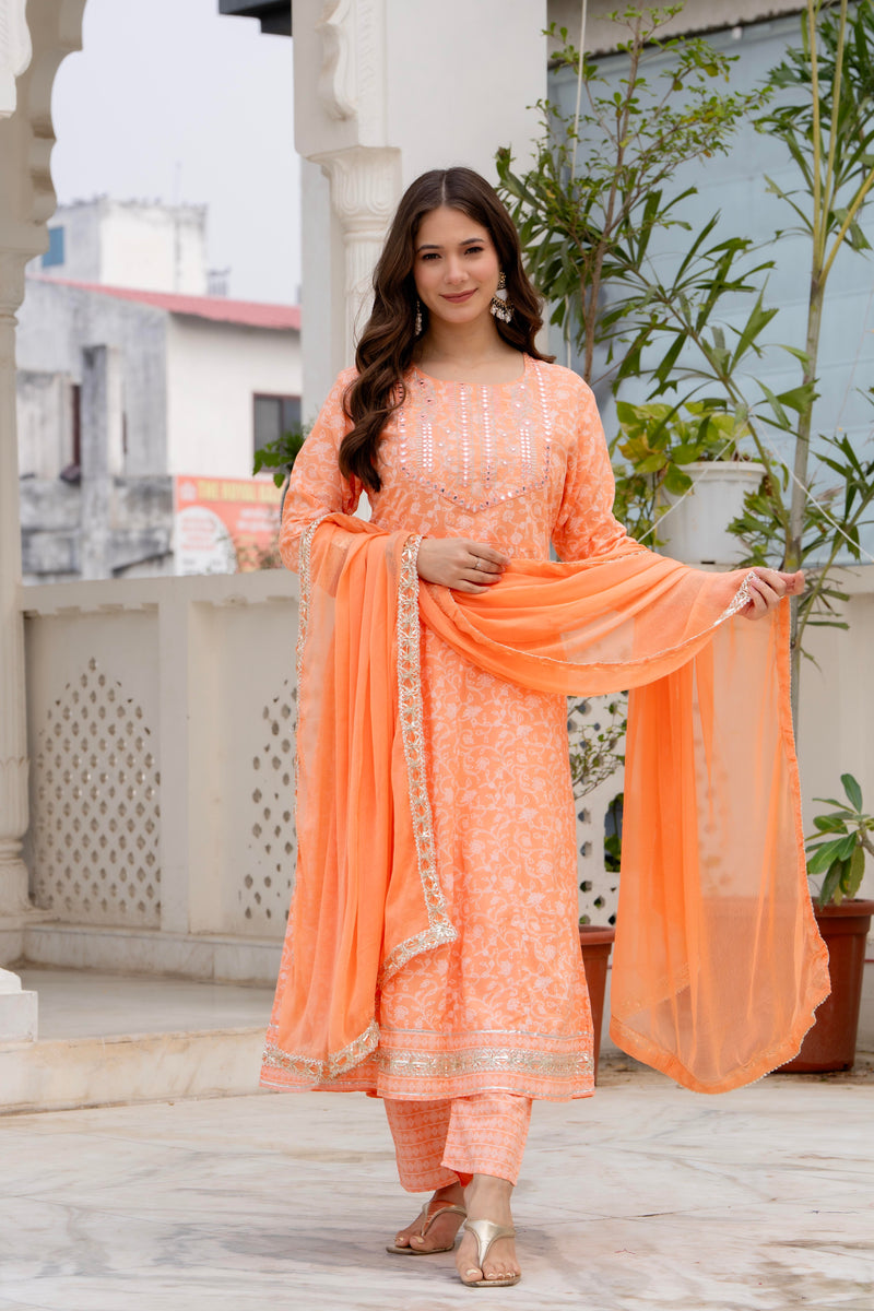 4 Premium Color Floral Printed Flared Mirror Work Kurta Set