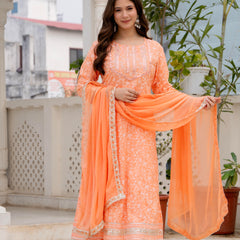 4 Premium Color Floral Printed Flared Mirror Work Kurta Set