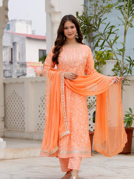 4 Premium Color Floral Printed Flared Mirror Work Kurta Set