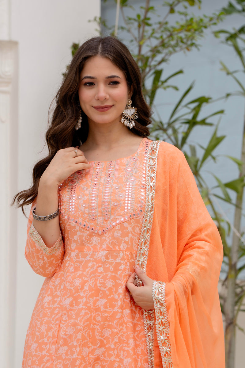 4 Premium Color Floral Printed Flared Mirror Work Kurta Set