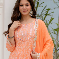 4 Premium Color Floral Printed Flared Mirror Work Kurta Set