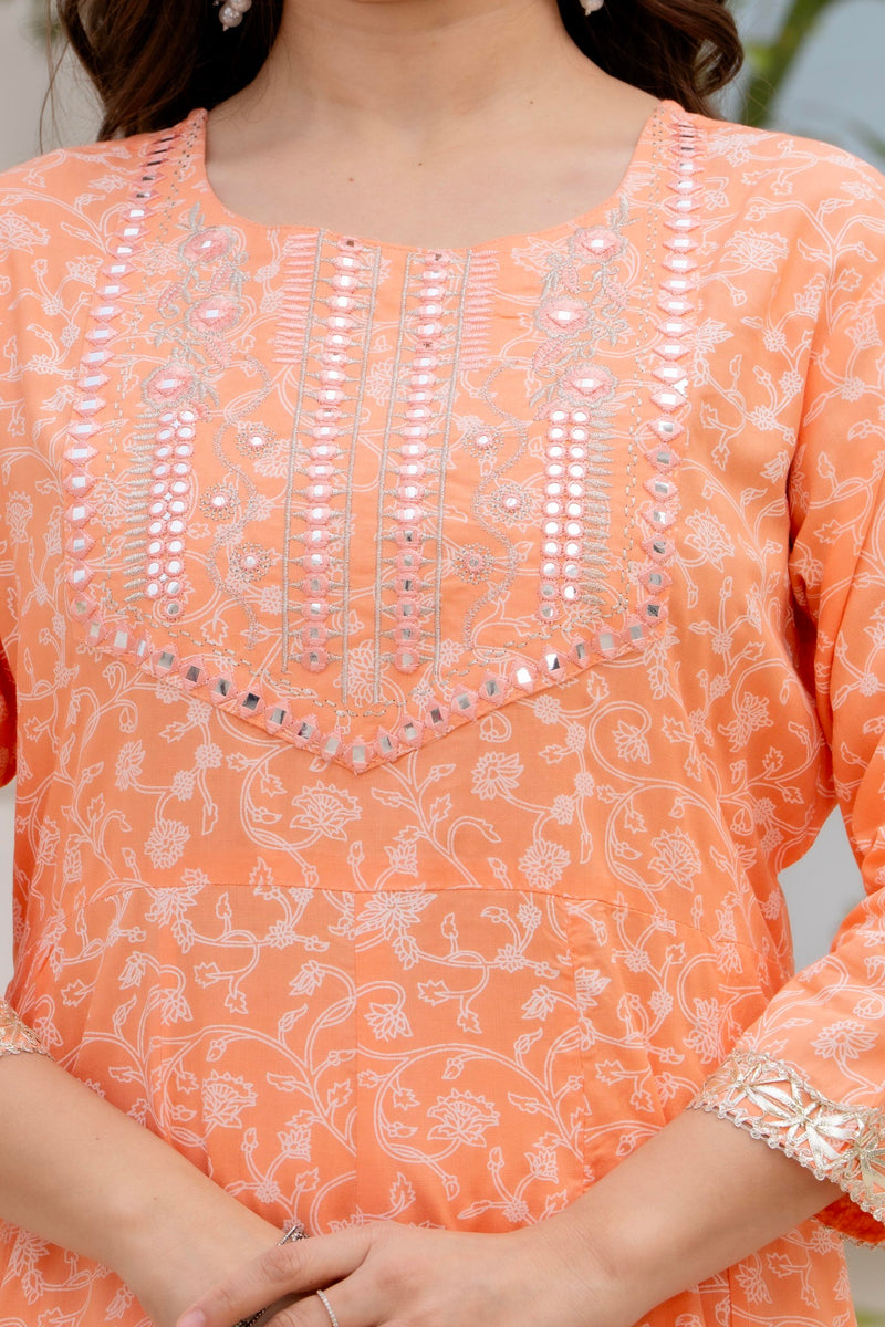 4 Premium Color Floral Printed Flared Mirror Work Kurta Set