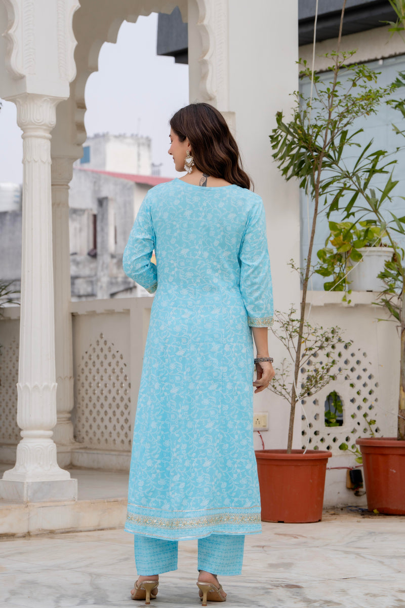 4 Premium Color Floral Printed Flared Mirror Work Kurta Set