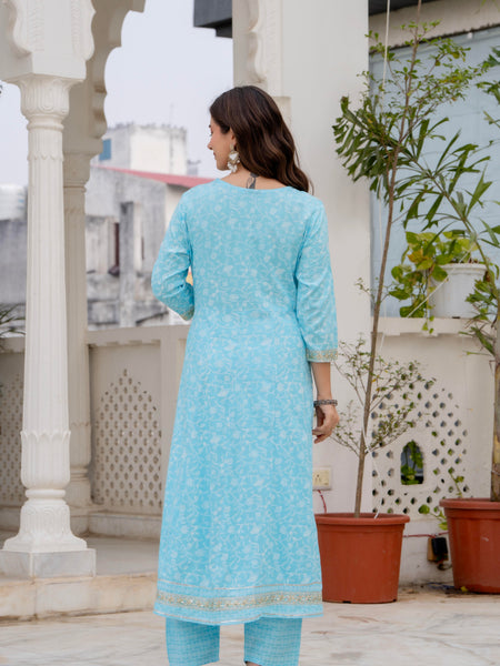 4 Premium Color Floral Printed Flared Mirror Work Kurta Set