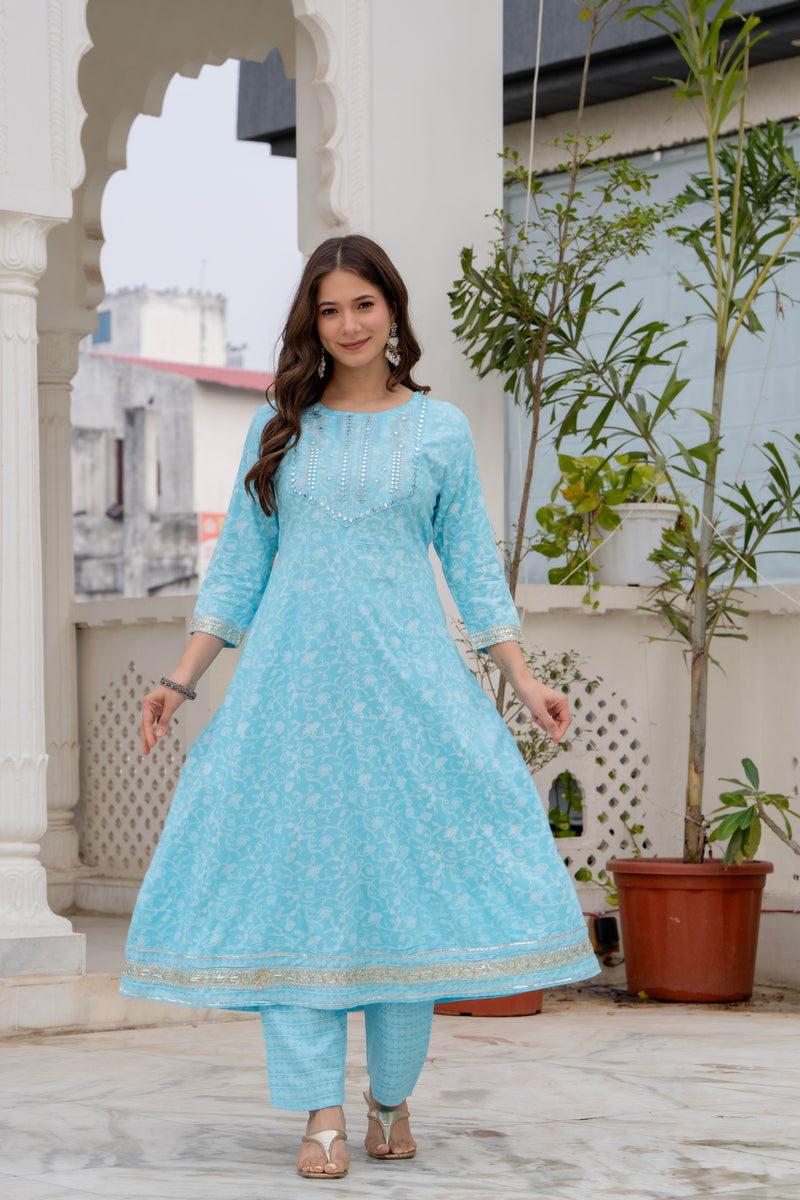 4 Premium Color Floral Printed Flared Mirror Work Kurta Set