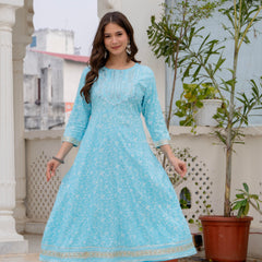 4 Premium Color Floral Printed Flared Mirror Work Kurta Set