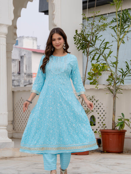 4 Premium Color Floral Printed Flared Mirror Work Kurta Set