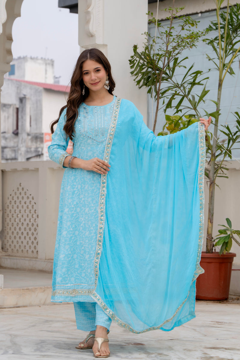 4 Premium Color Floral Printed Flared Mirror Work Kurta Set