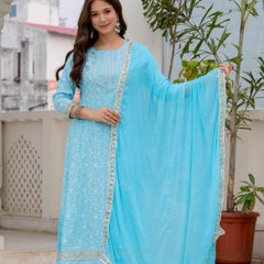 4 Premium Color Floral Printed Flared Mirror Work Kurta Set