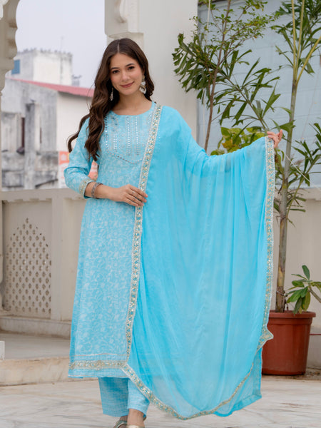 4 Premium Color Floral Printed Flared Mirror Work Kurta Set