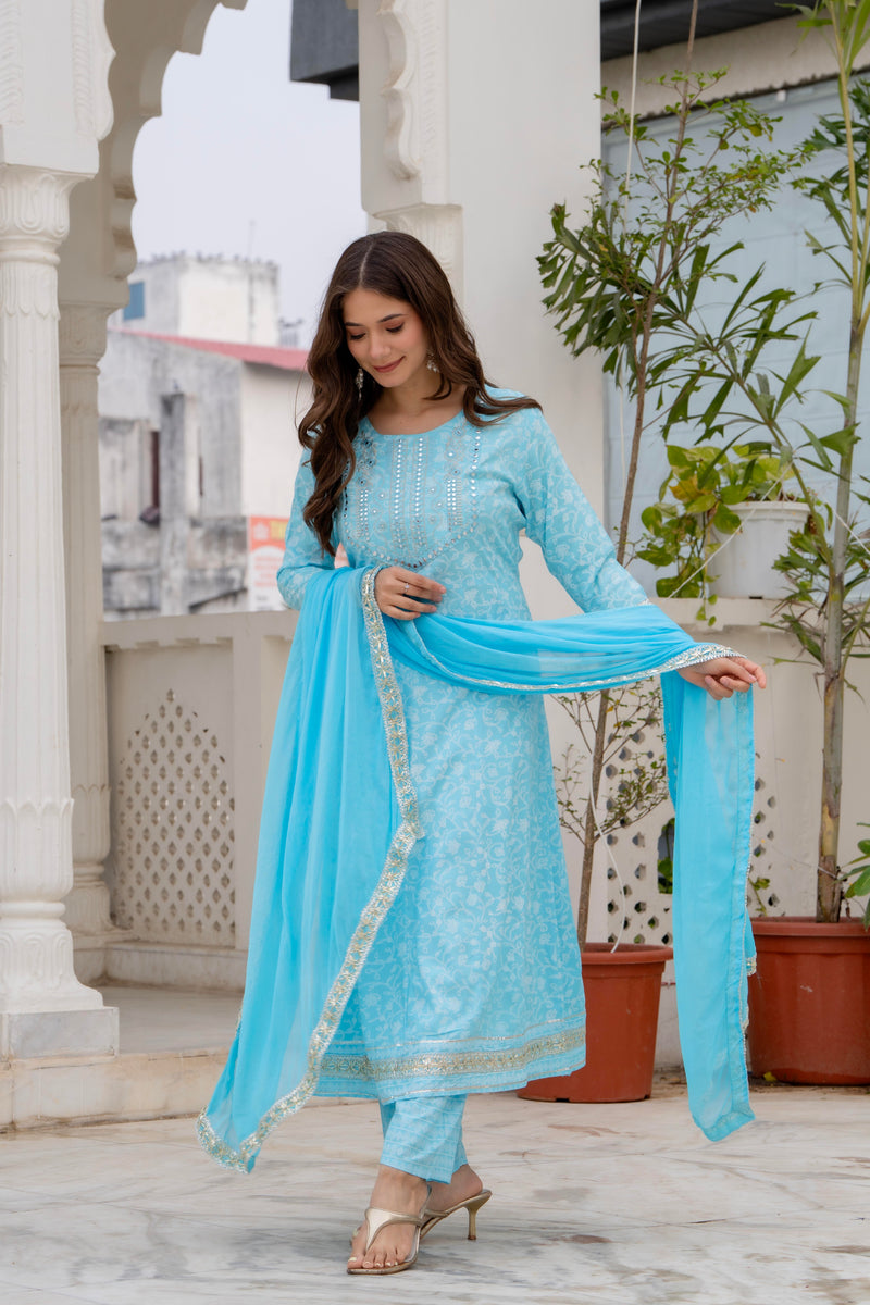 4 Premium Color Floral Printed Flared Mirror Work Kurta Set