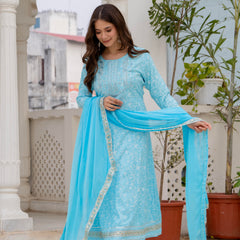4 Premium Color Floral Printed Flared Mirror Work Kurta Set