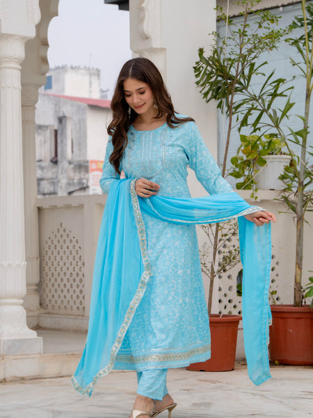 4 Premium Color Floral Printed Flared Mirror Work Kurta Set