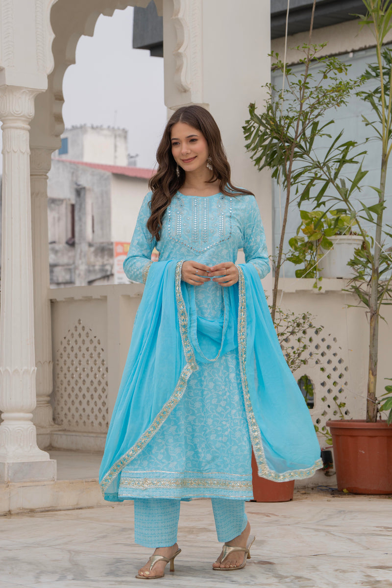 4 Premium Color Floral Printed Flared Mirror Work Kurta Set