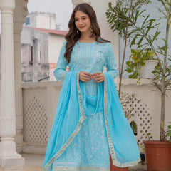 4 Premium Color Floral Printed Flared Mirror Work Kurta Set