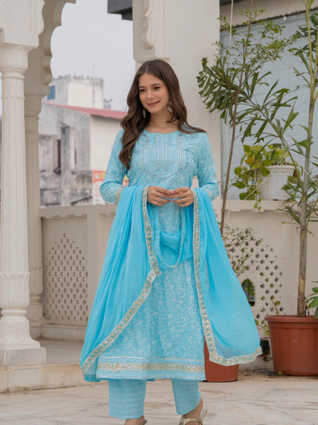4 Premium Color Floral Printed Flared Mirror Work Kurta Set