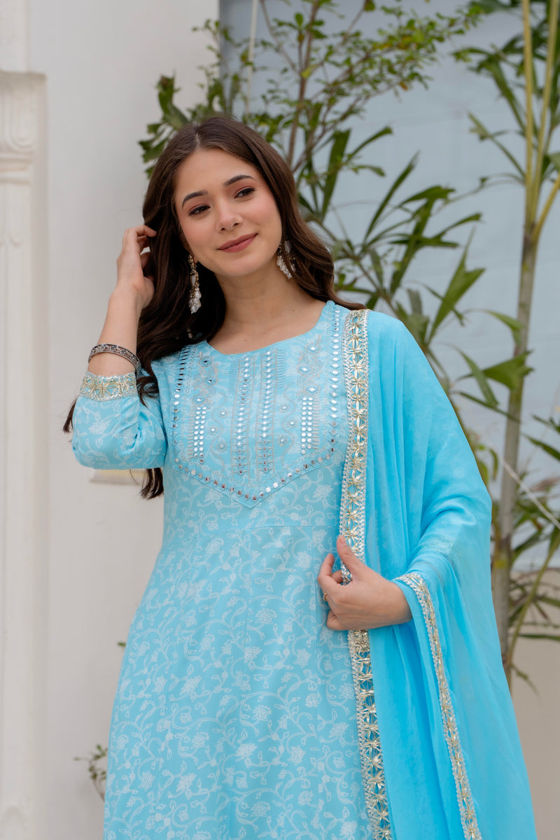 4 Premium Color Floral Printed Flared Mirror Work Kurta Set