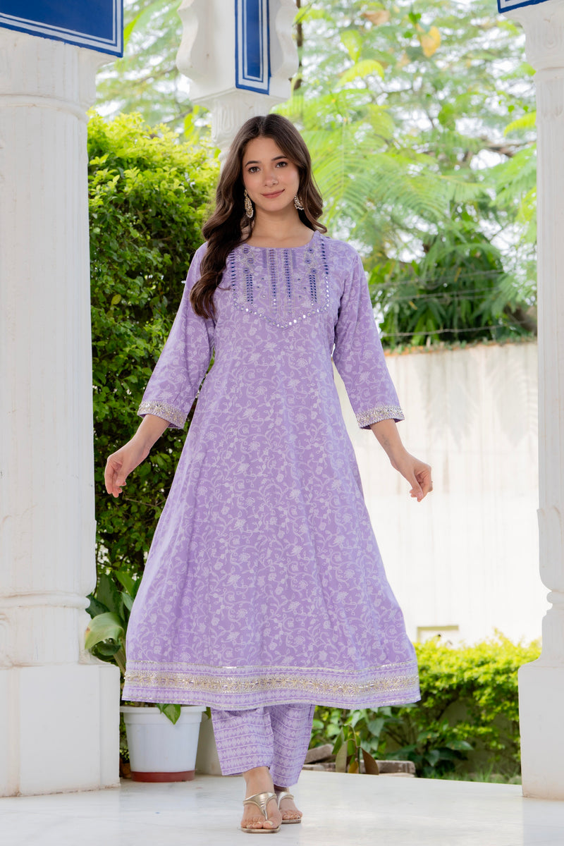 4 Premium Color Floral Printed Flared Mirror Work Kurta Set
