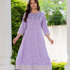 4 Premium Color Floral Printed Flared Mirror Work Kurta Set