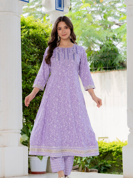 4 Premium Color Floral Printed Flared Mirror Work Kurta Set