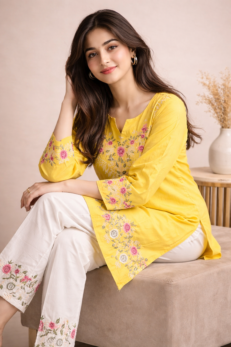 Floral Embroidered Kurti with White Pants