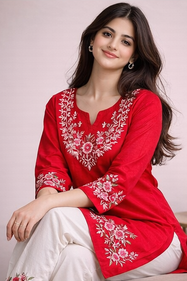 Floral Embroidered Kurti with White Pants