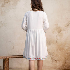 White & Maroon Floral Embroidered Flared Boho Mini Dress