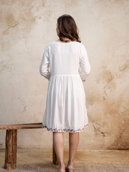 White & Maroon Floral Embroidered Flared Boho Mini Dress