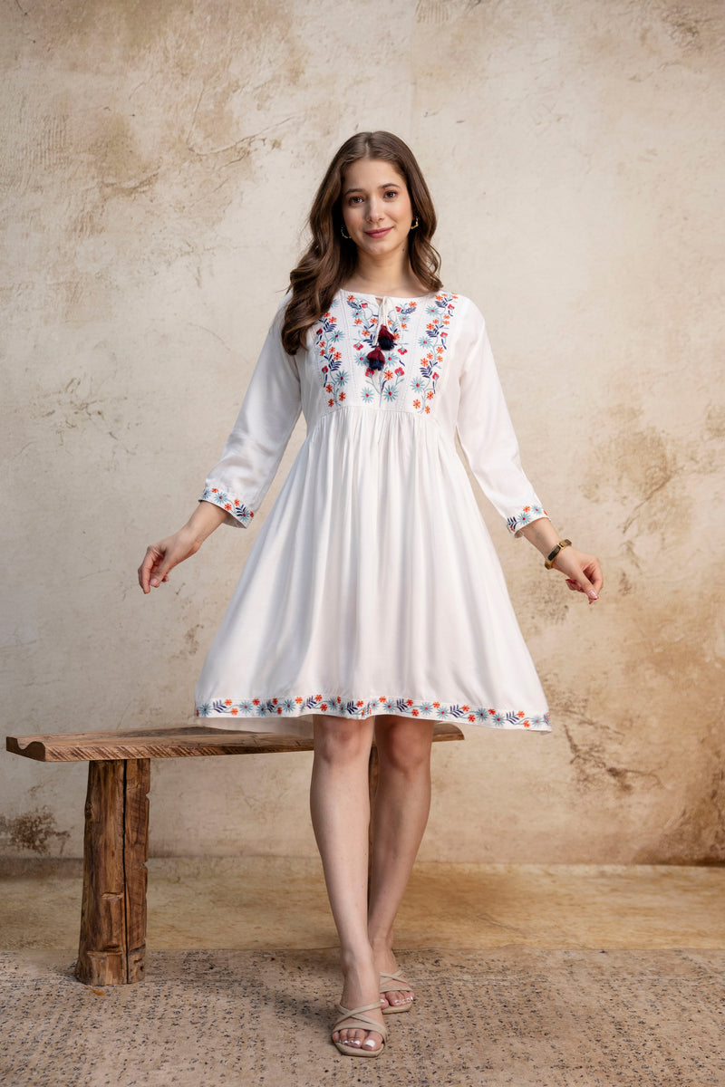 White & Maroon Floral Embroidered Flared Boho Mini Dress