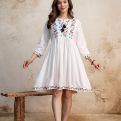White & Maroon Floral Embroidered Flared Boho Mini Dress