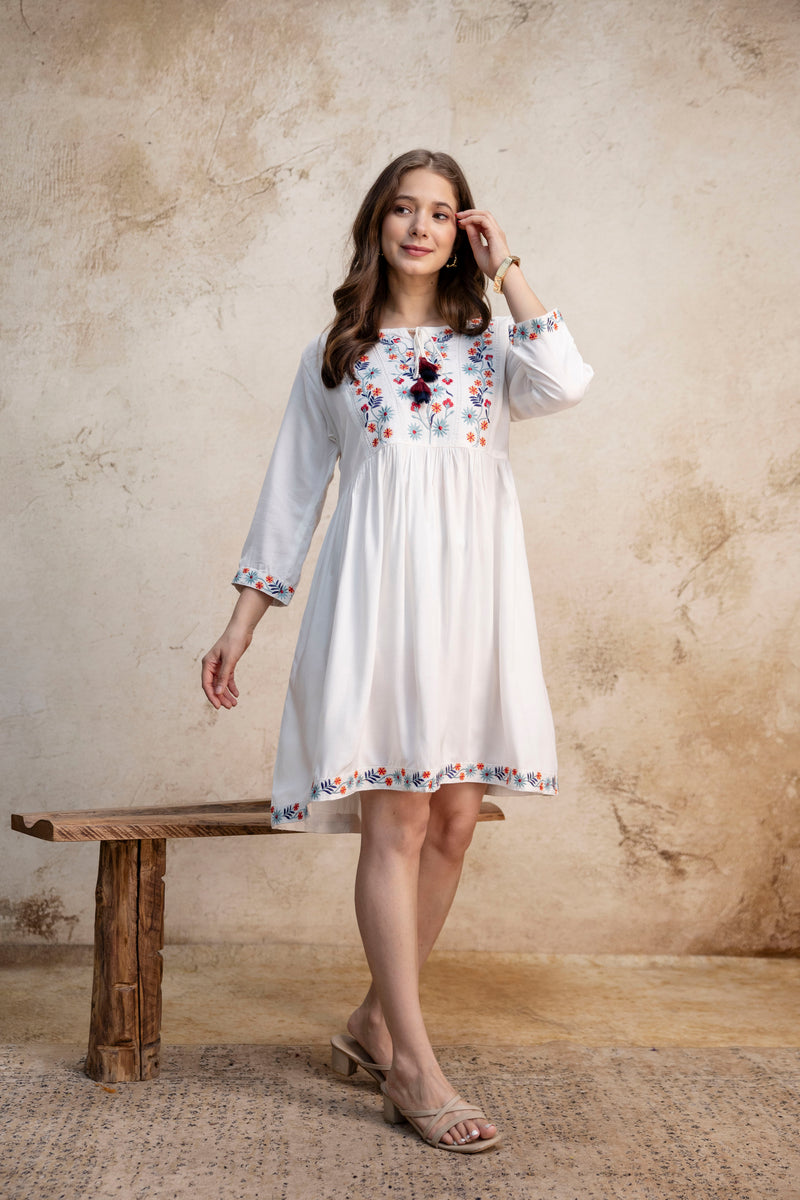 White & Maroon Floral Embroidered Flared Boho Mini Dress